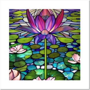 Stained Glass Lotus Flower Among Lily Pads Posters and Art